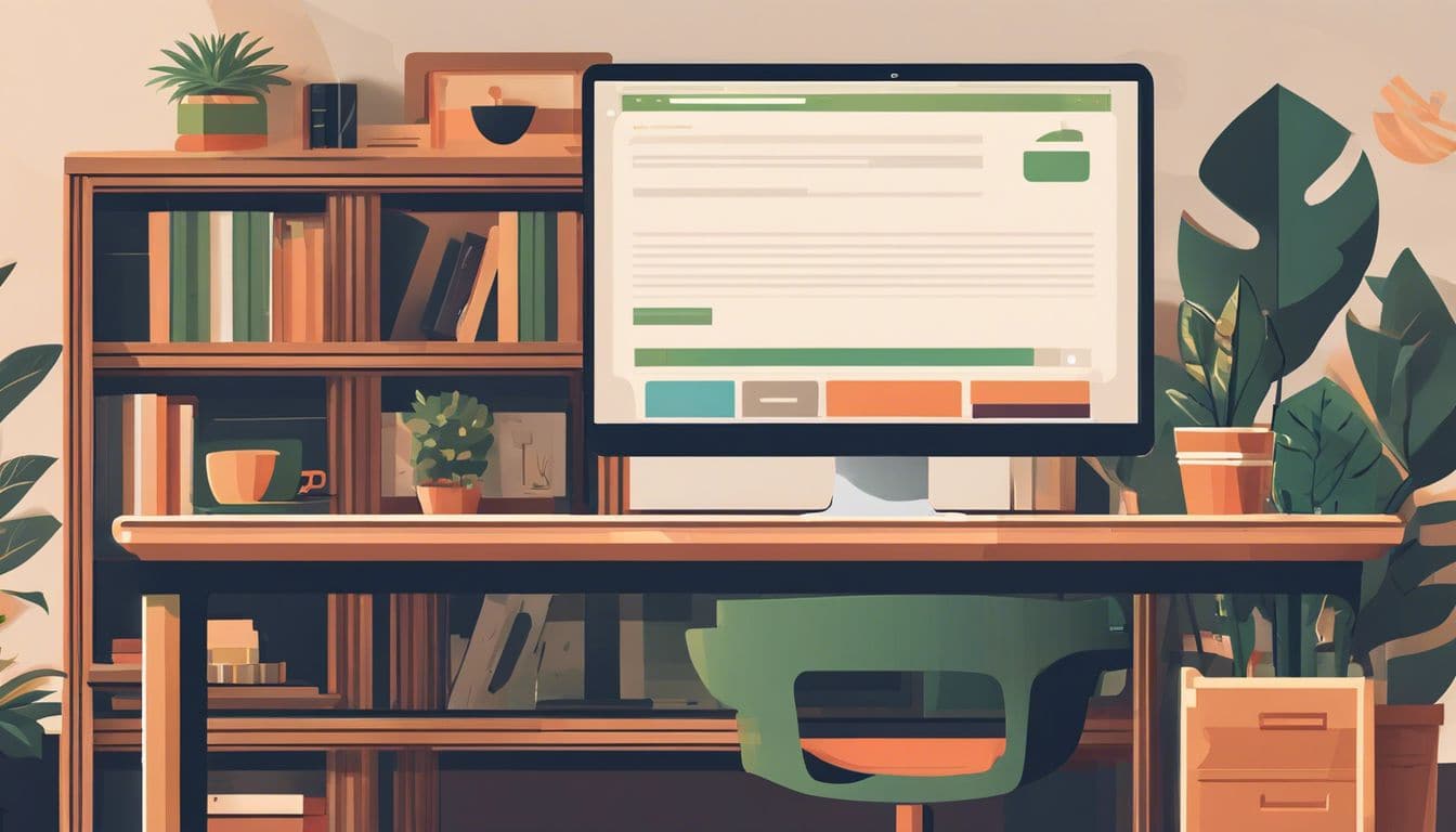 Een gezellig thuiskantoor met een open laptop en een rustige sfeer.