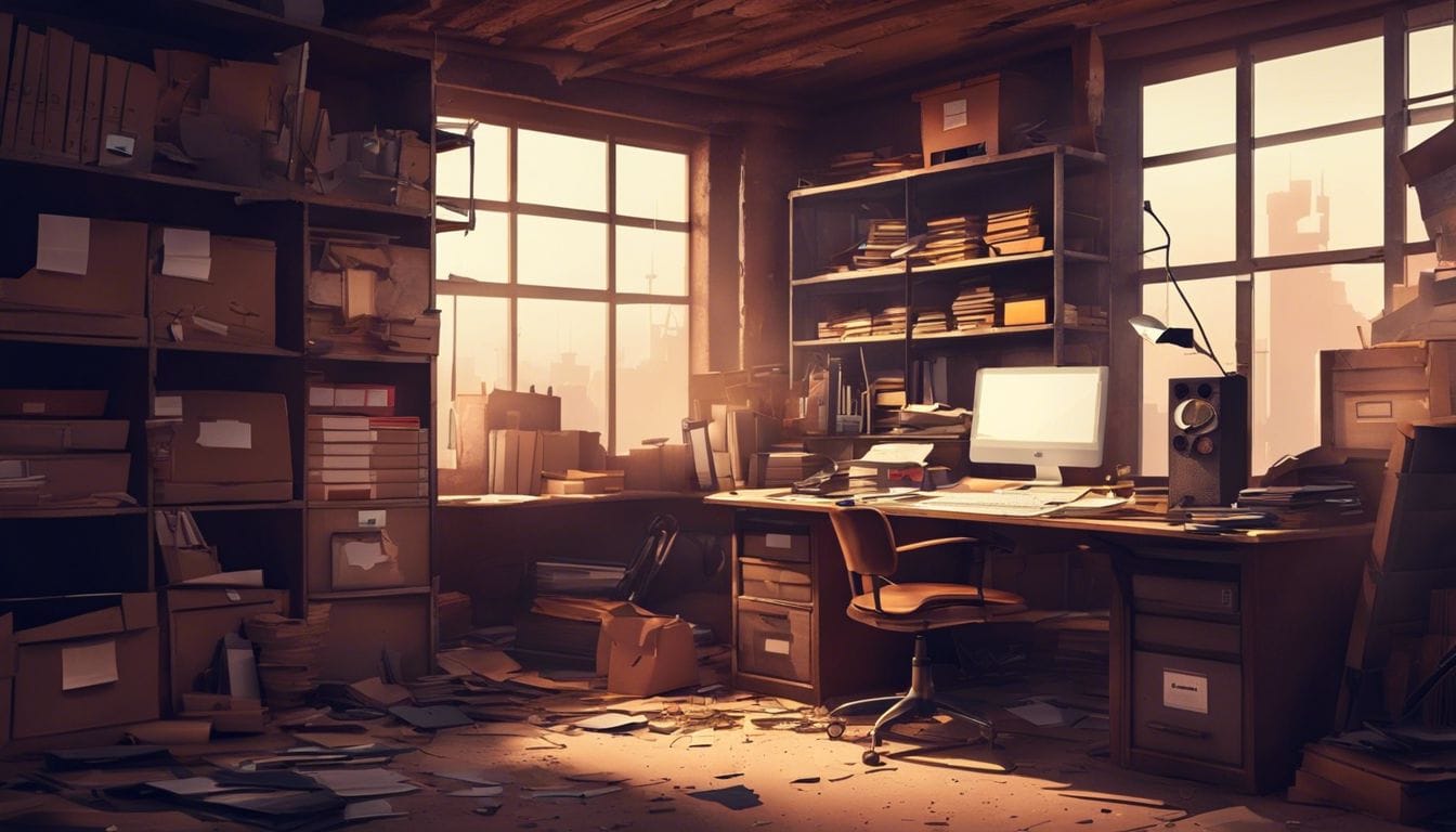 Een verlaten kantoor met een rommelige kamer vol oude spullen. Een verlaten kantoor met een rommelige kamer vol oude spullen.