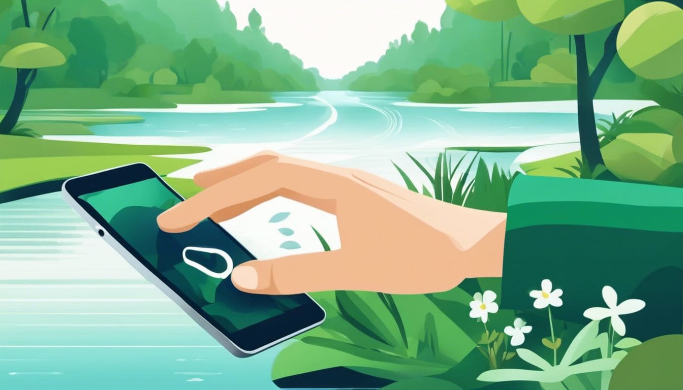 Een hand die de annuleerknop op een digitaal apparaat indrukt, omgeven door serene natuur.