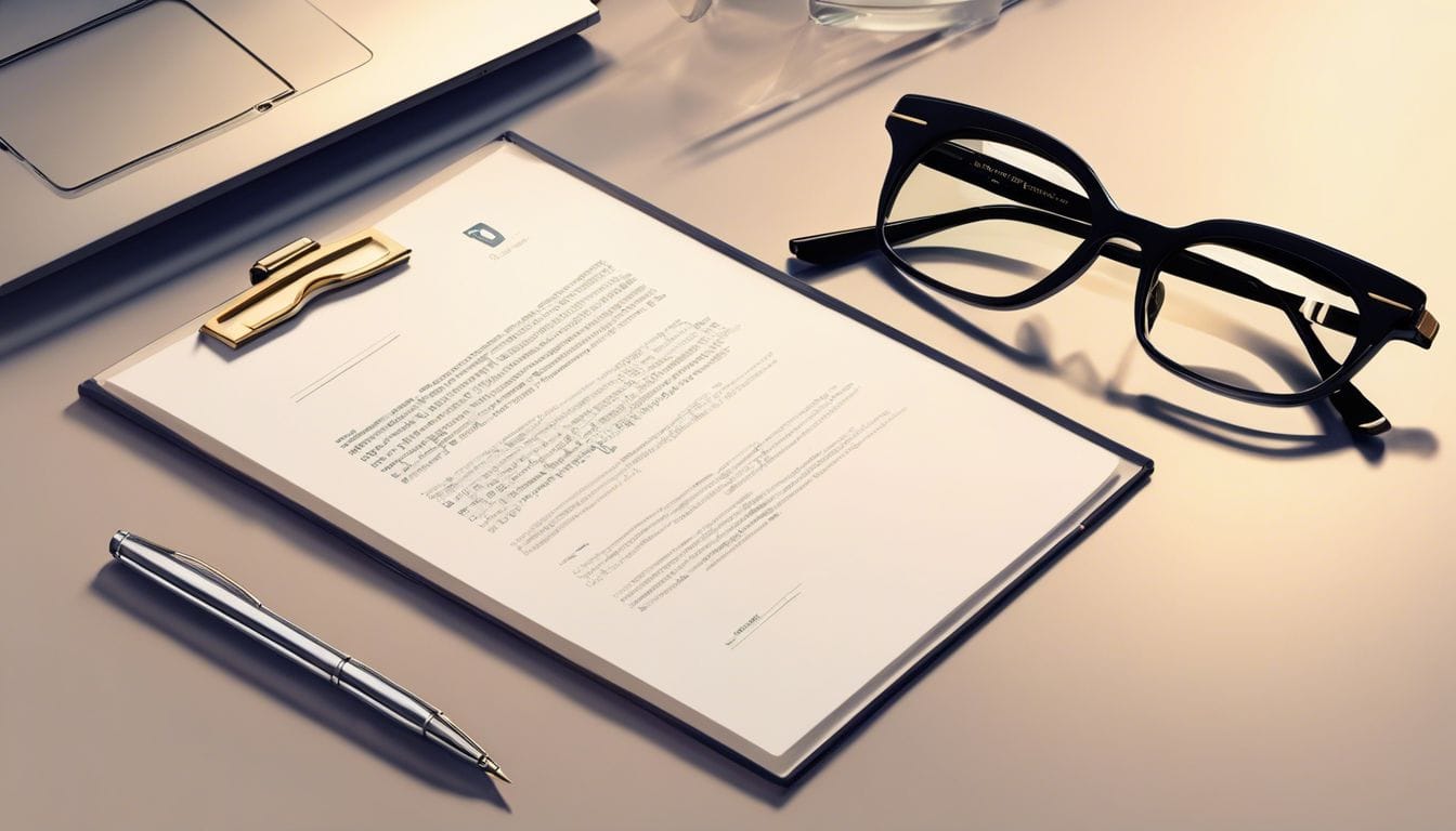 Een paar bril op een oude brief met een pen ernaast.