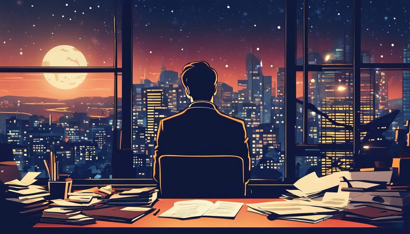 Een persoon zit gefrustreerd aan een rommelig bureau, uitkijkend over een prachtige stad bij nacht.
