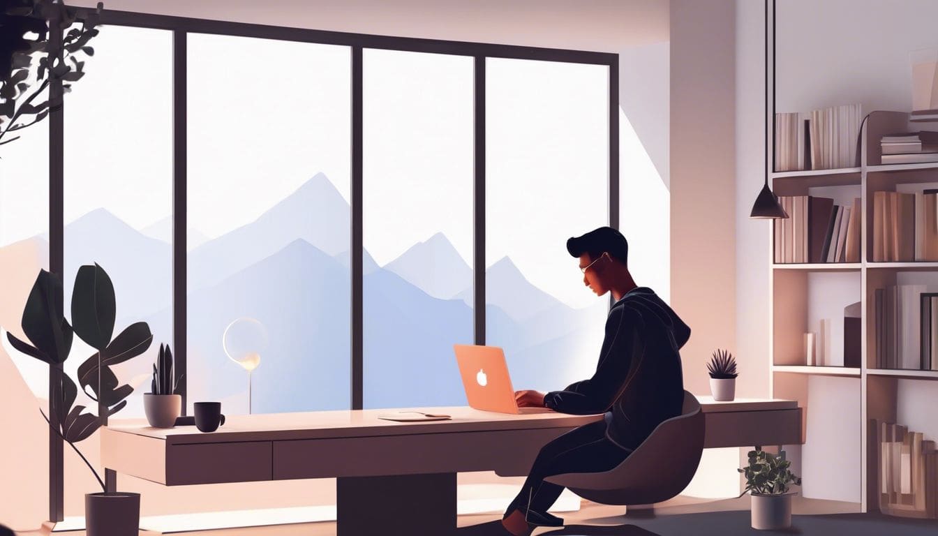 Iemand gebruikt een laptop in een rustige en uitnodigende werkruimte.