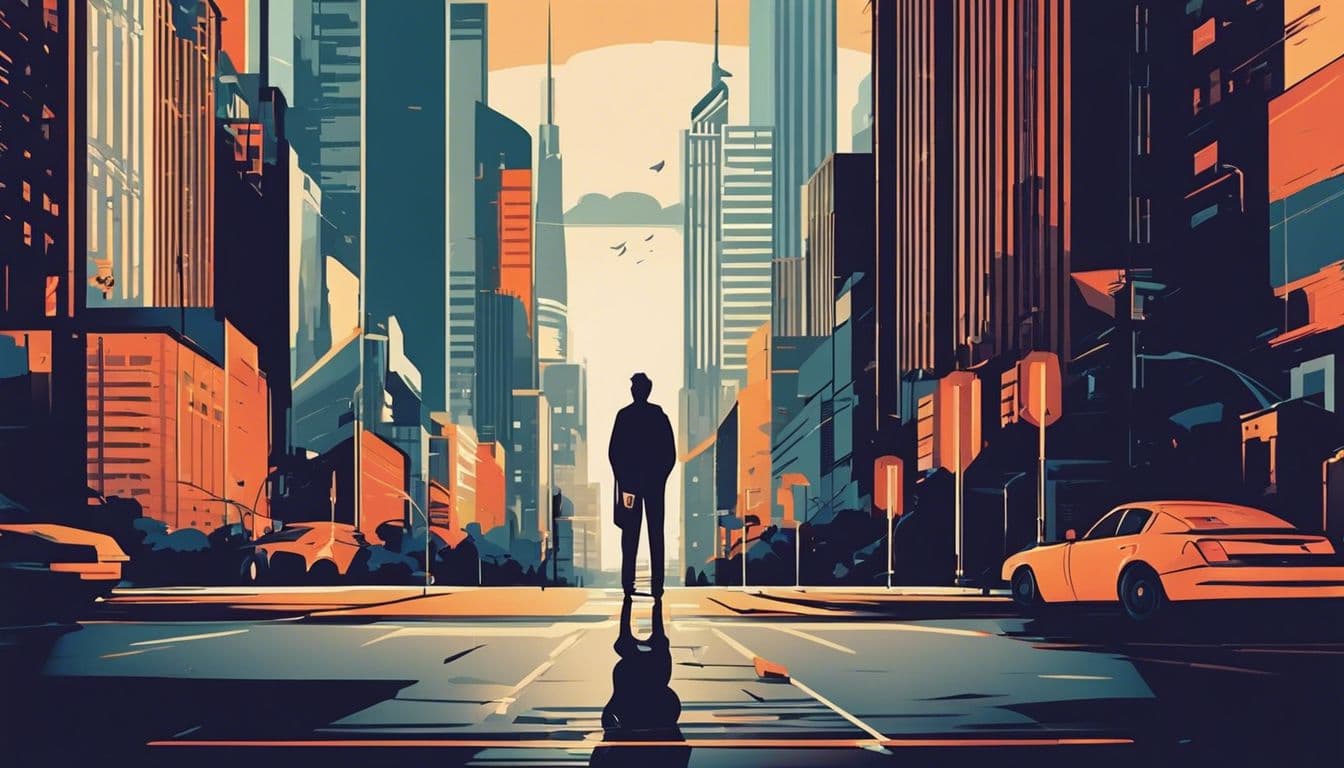 Een persoon staat verloren bij een kruispunt in de stad.