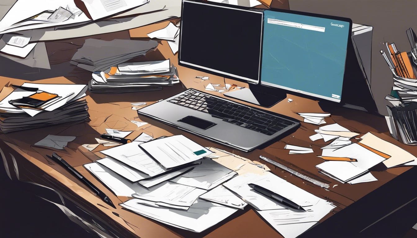 Een rommelig bureau met Parship-lidmaatschapskaart, laptop en pen.