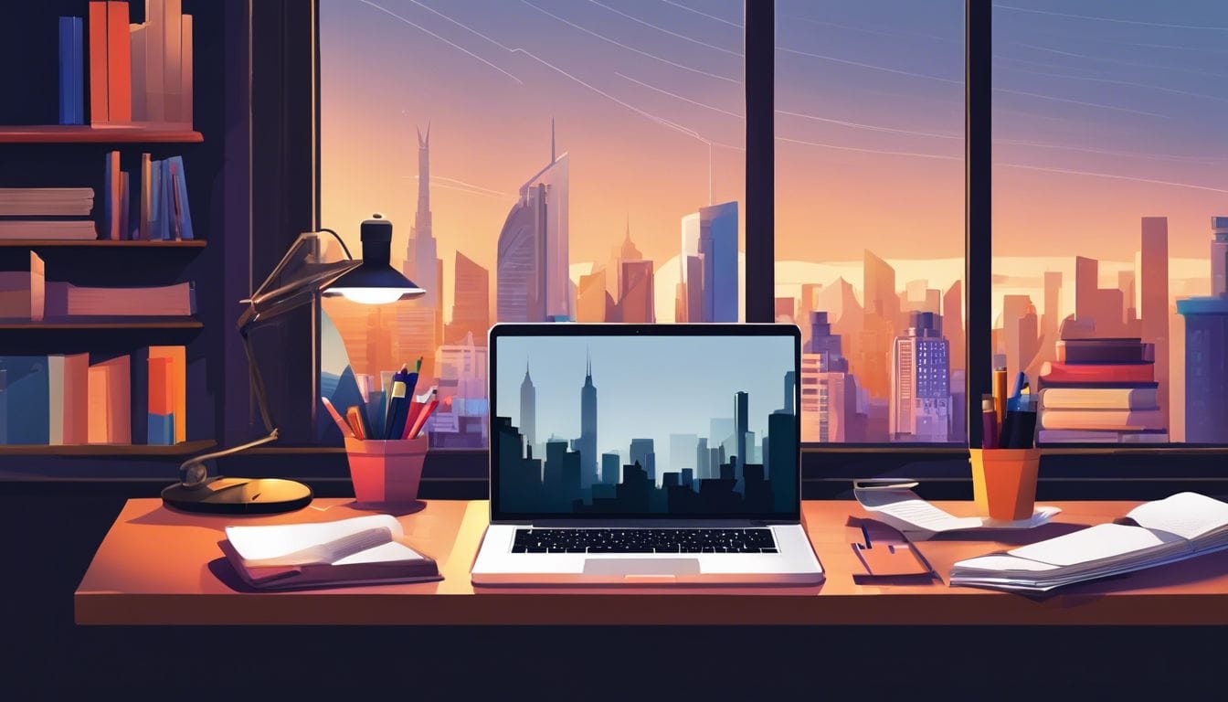 Een laptop op een bureau omringd door studiemateriaal en stadsgezichten. Een laptop op een bureau omringd door studiemateriaal en stadsgezichten.