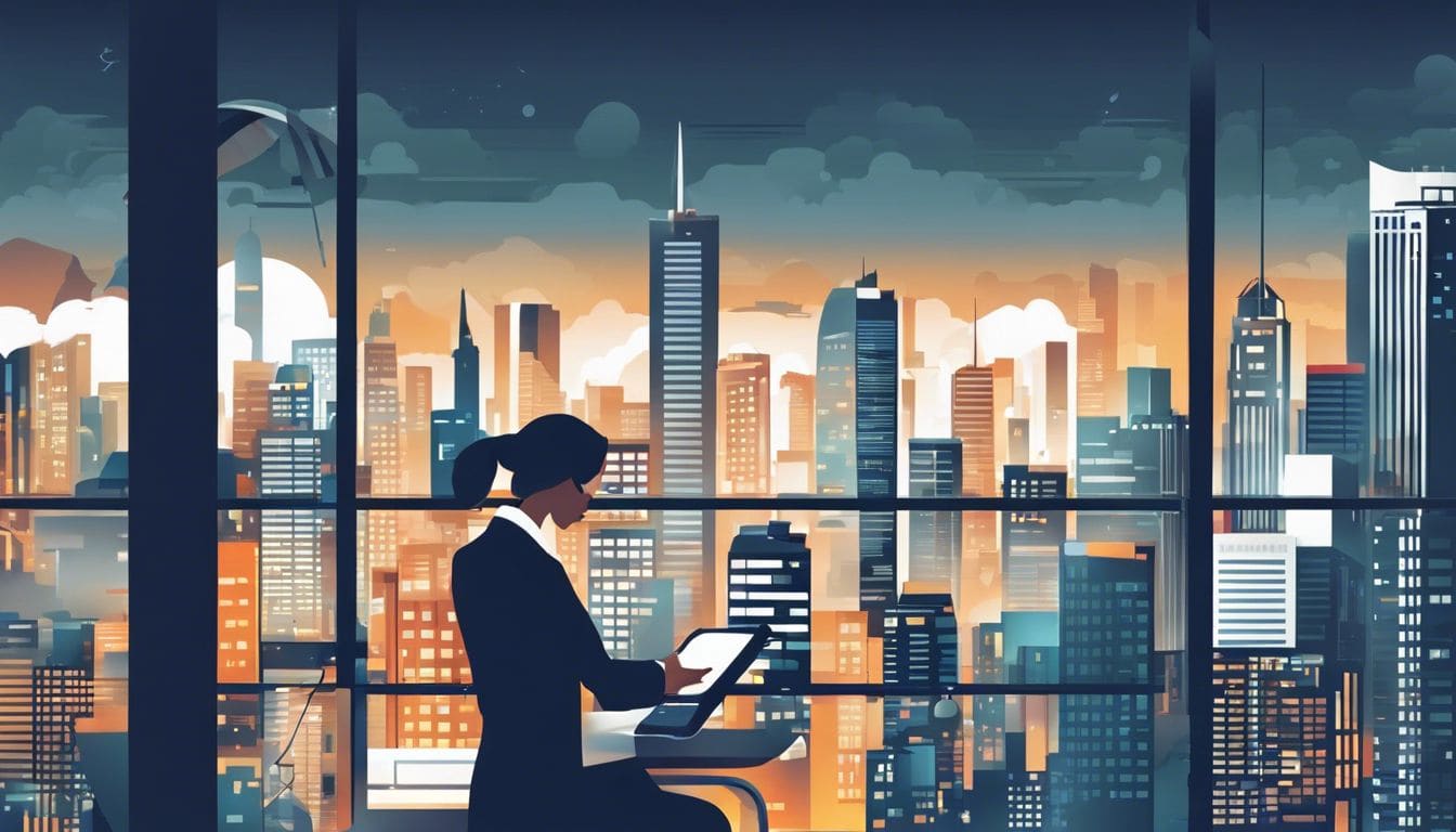 Een persoon communiceert in een stedelijke omgeving met moderne technologie.