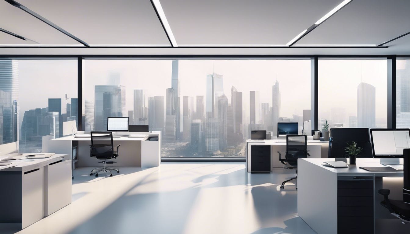 Een modern en minimalistisch kantoor met financi&euml;le documenten en stadsgezichten.