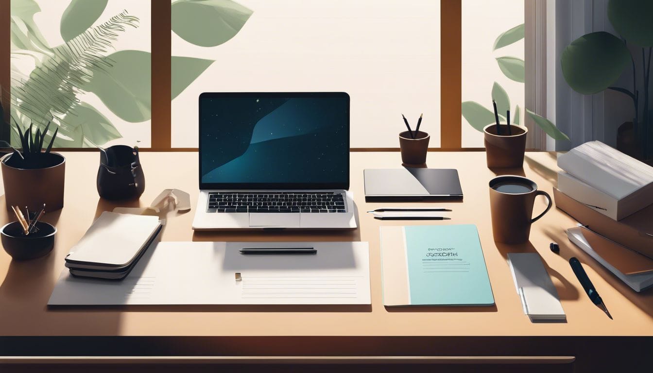 Een goed georganiseerd bureau met een laptop, notitieboek en pen.