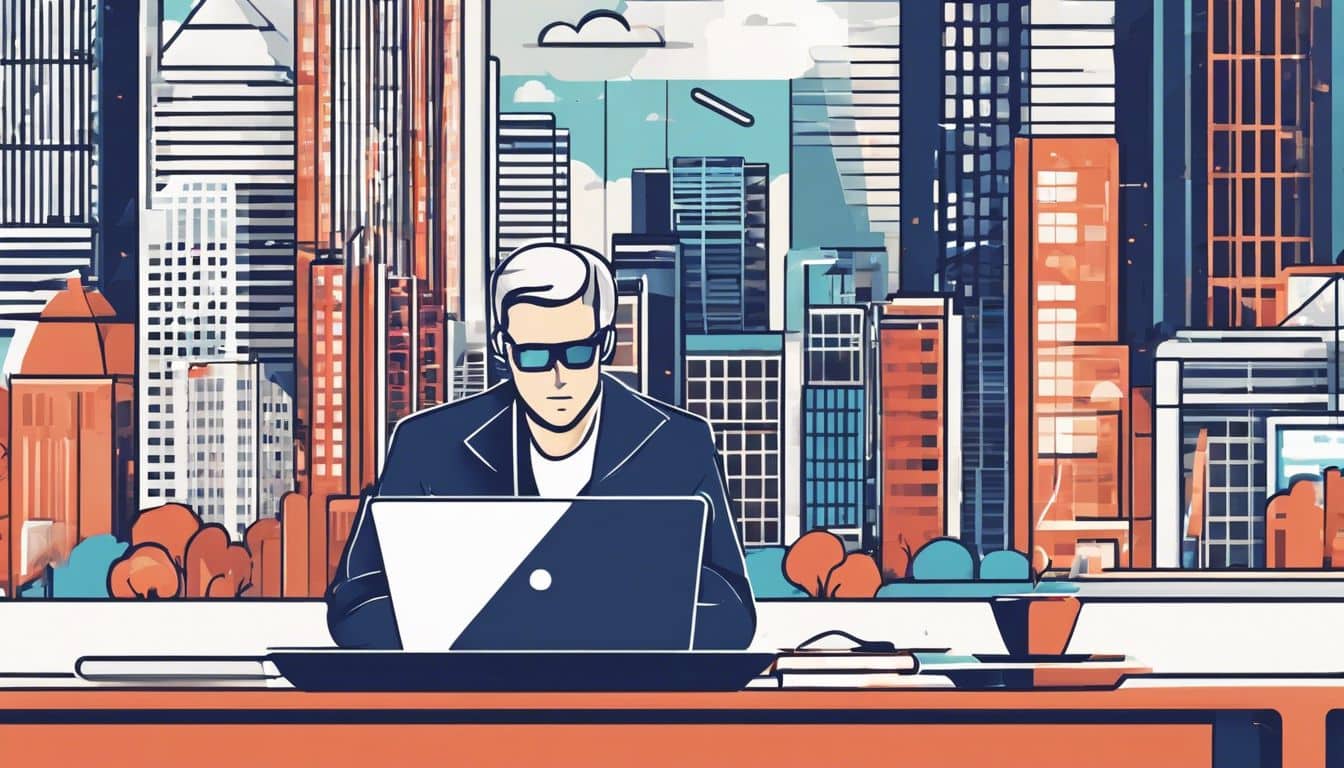 Een persoon annuleert een abonnement op een laptop in een drukke stad.