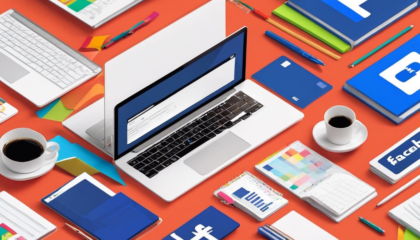 Een moderne kantooromgeving met een laptop en Facebook-pagina.