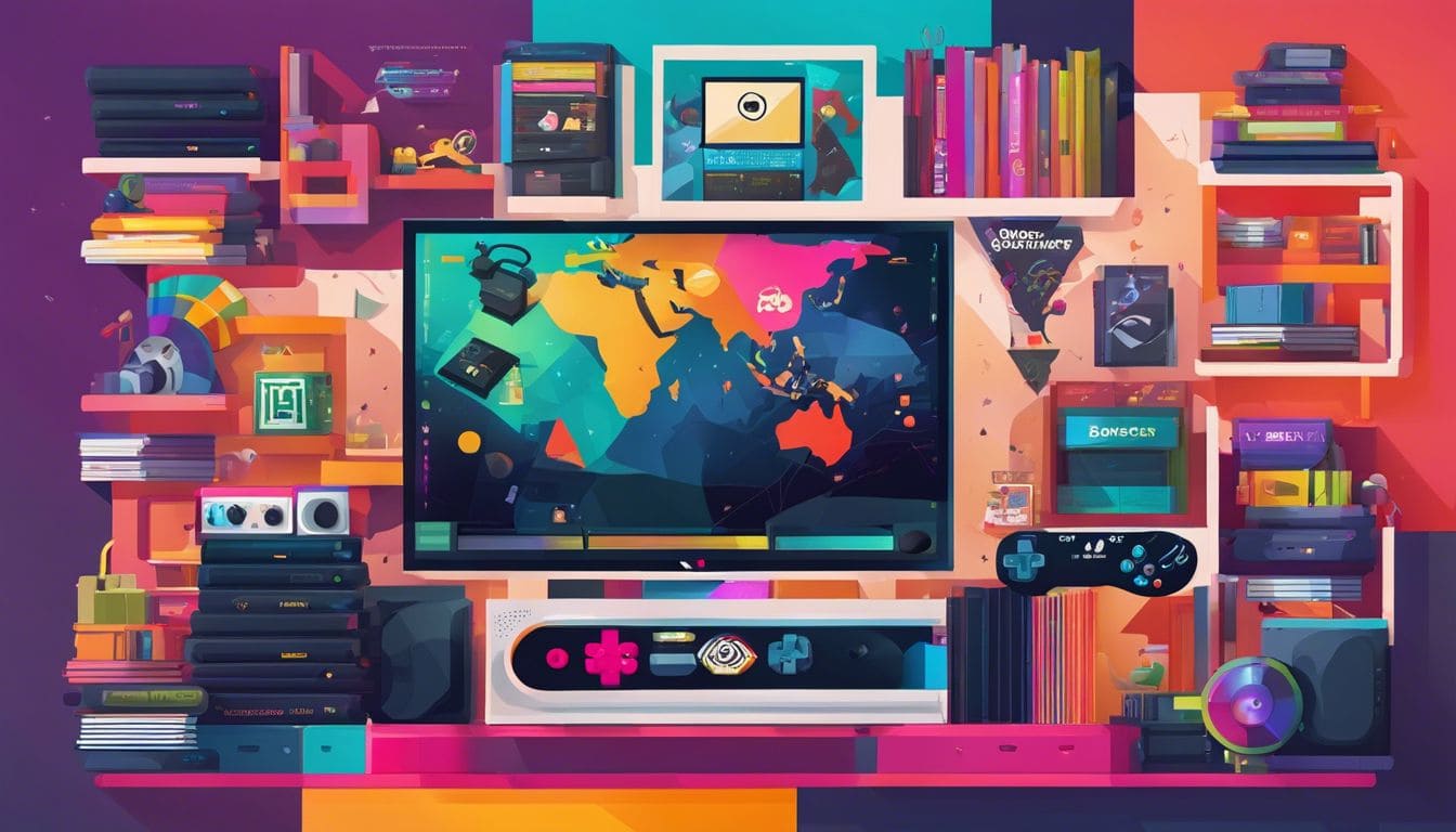 Een gameconsole omgeven door een bibliotheek van Ubisoft-games in een levendige en kleurrijke weergave, die de opwinding en anticipatie van gamen benadrukt.