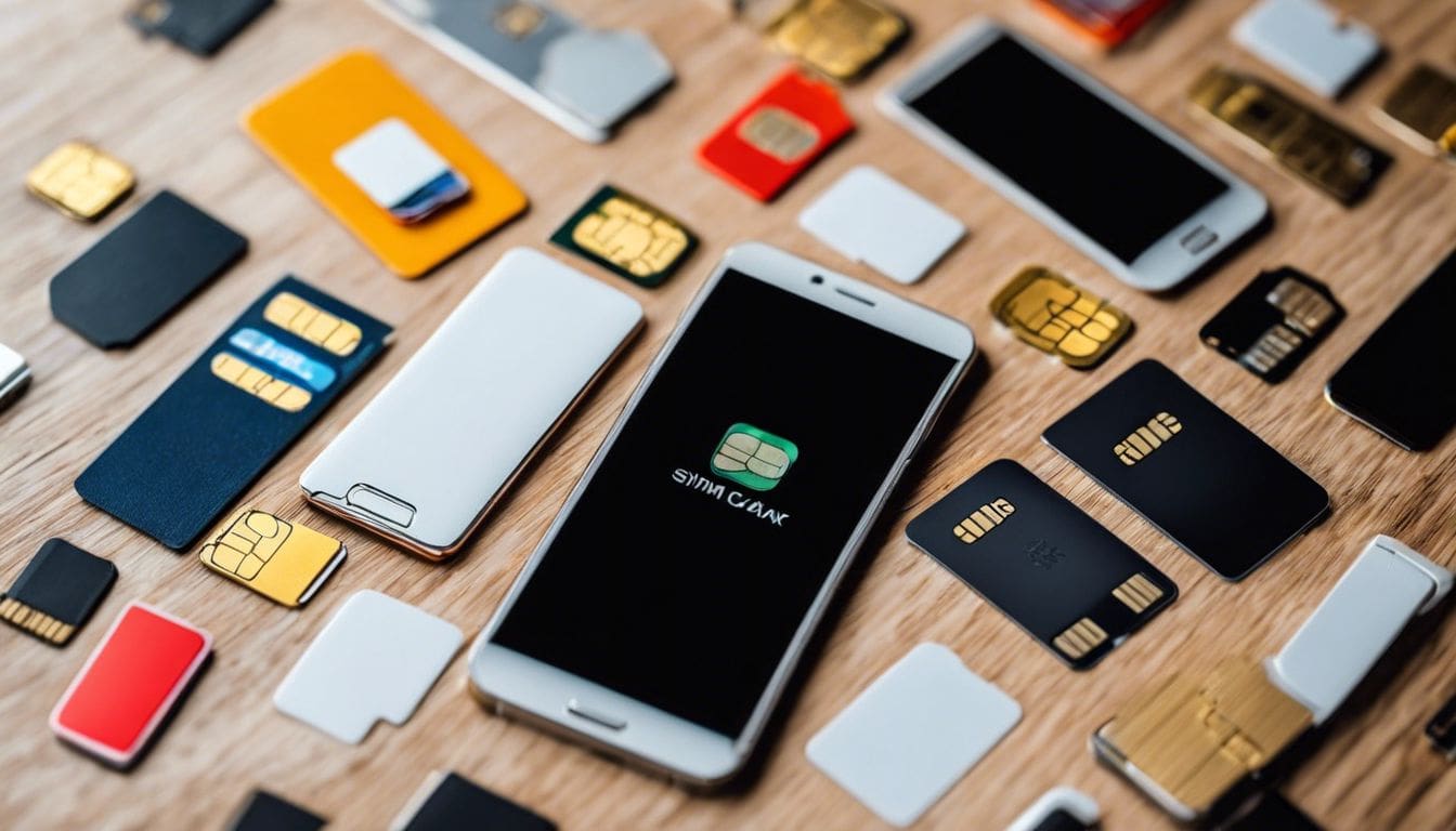 Een smartphone omringd door diverse simkaarten op een houten bureau.
