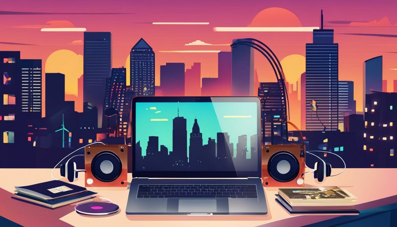 Een open laptop met koptelefoon omringd door muziekalbums en stadsfotografie.