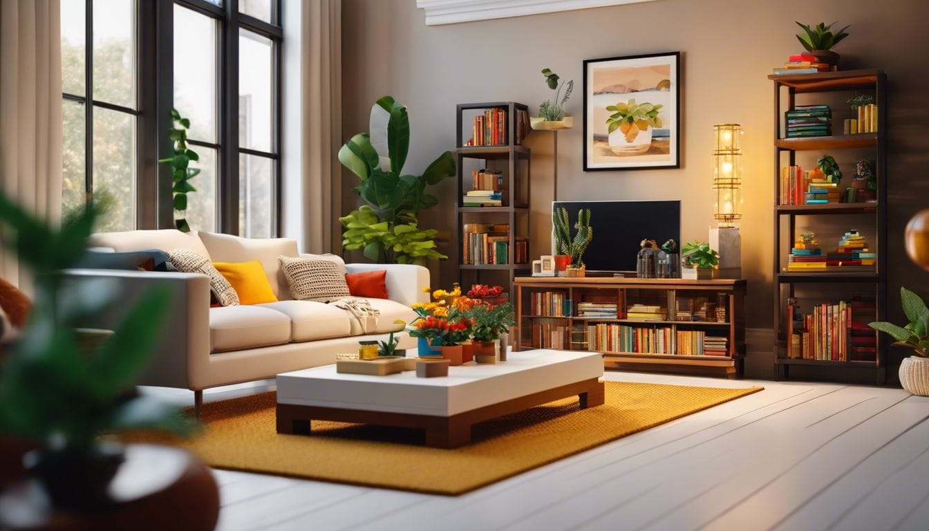 Een voltooide LEGO-set staat tentoongesteld in een gezellige woonkamer.