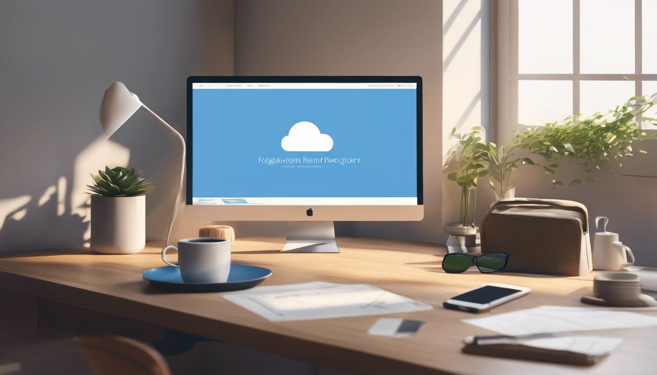 Een opgeruimde werkplek met laptop, koffiemok en annuleerknop.