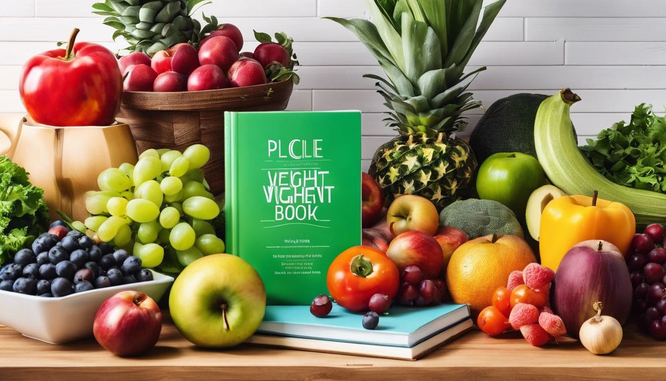 Een stapel onaangeroerde Weight Watchers kookboeken omringd door verse en levendige groenten en fruit op een keukenblad.