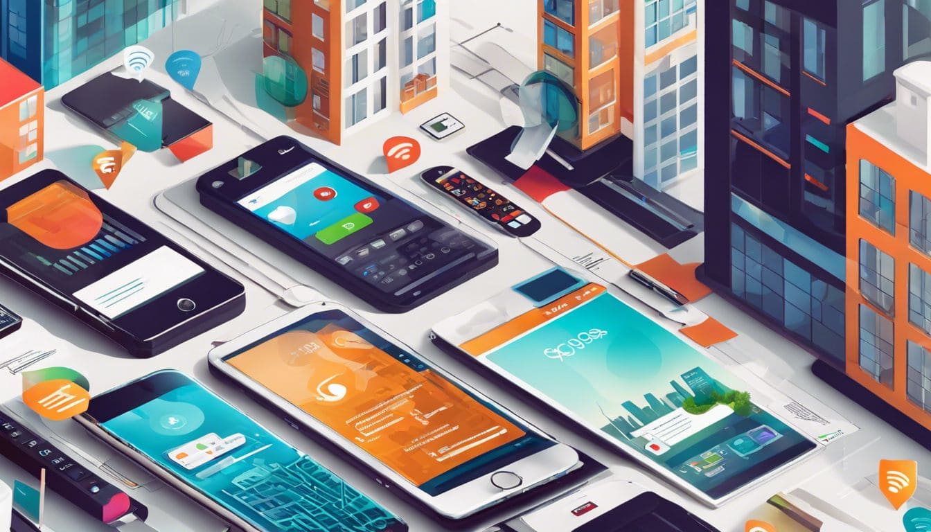 Verschillende mobiele telefoons met serviceplannen op een rommelig bureau.