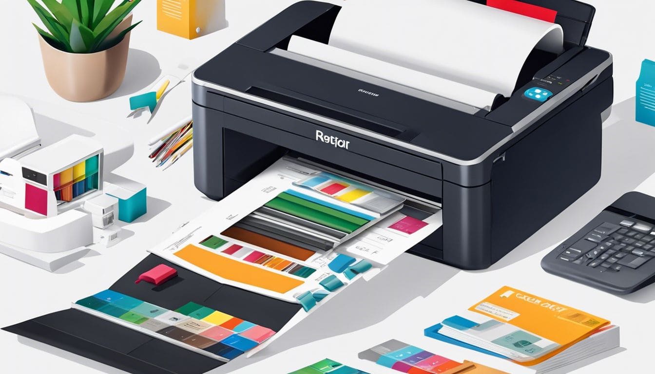 Een printer wordt getoond met vervangen inktcartridges, omringd door georganiseerde kantoorbenodigdheden.