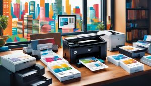 Een open HP-inktpatroon in een druk kantoor met verschillende printers en stadsgezichten.