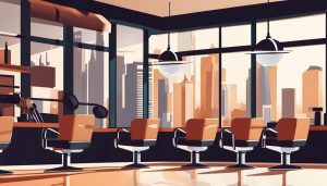 Een moderne kapsalon met stijlvolle stoelen en uitzicht op een bruisende stad.