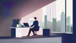 Een hoopvolle ondernemer werkt op een laptop in een modern kantoor.