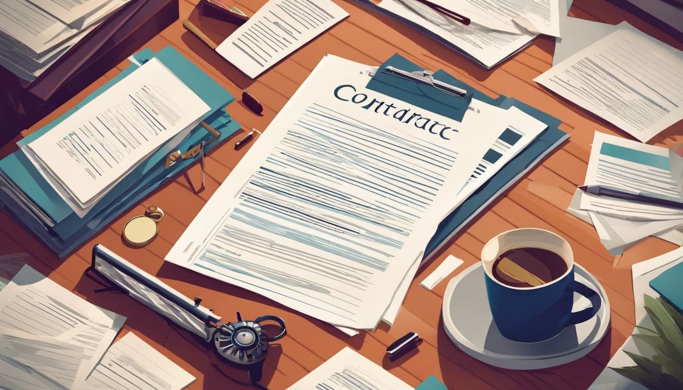 Een stapel verlopen abonnementscontracten omgeven door juridische documenten in een rommelig kantoor.