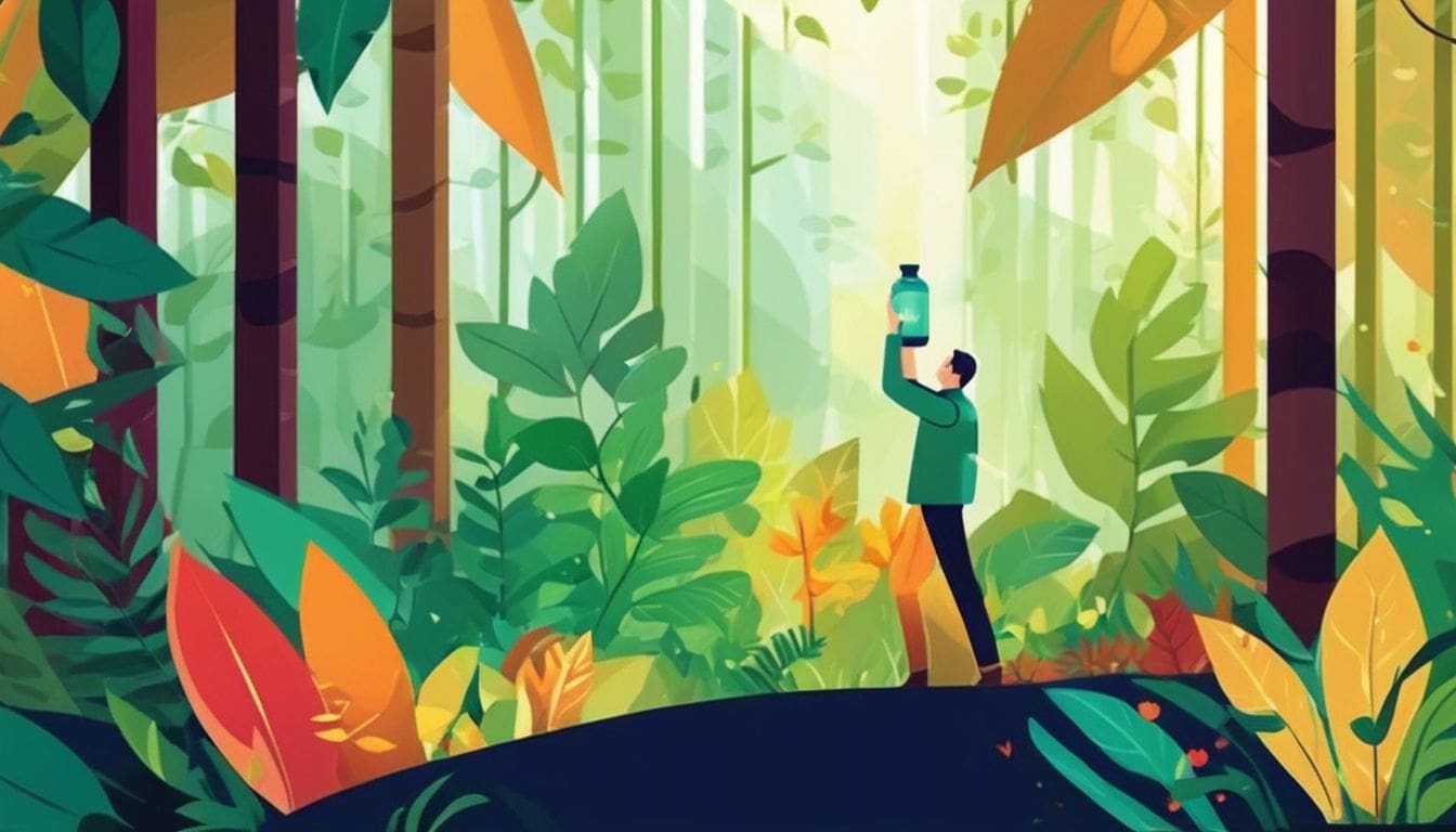 Een persoon houdt een fles Vitaily vast in een weelderig bos. Een persoon houdt een fles Vitaily vast in een weelderig bos.