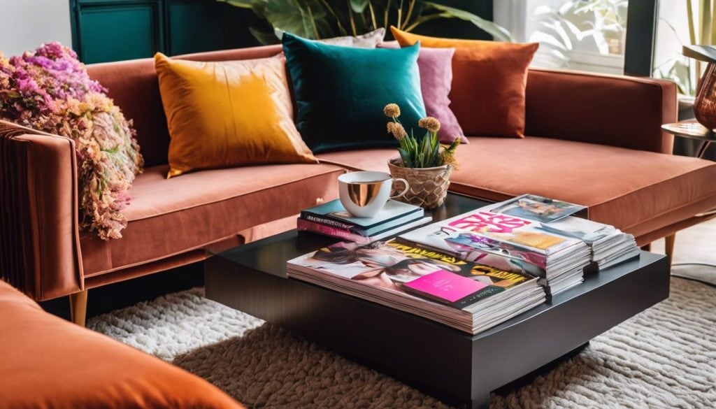 Een stapel kleurrijke vrouwenbladen op een stijlvolle salontafel in een elegante en moderne woonkamer.
