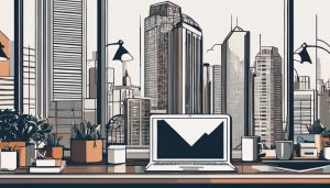 Een laptop met een Lexa abonnement annuleringsformulier omringd door kantoorbenodigdheden en stadsgezichten.