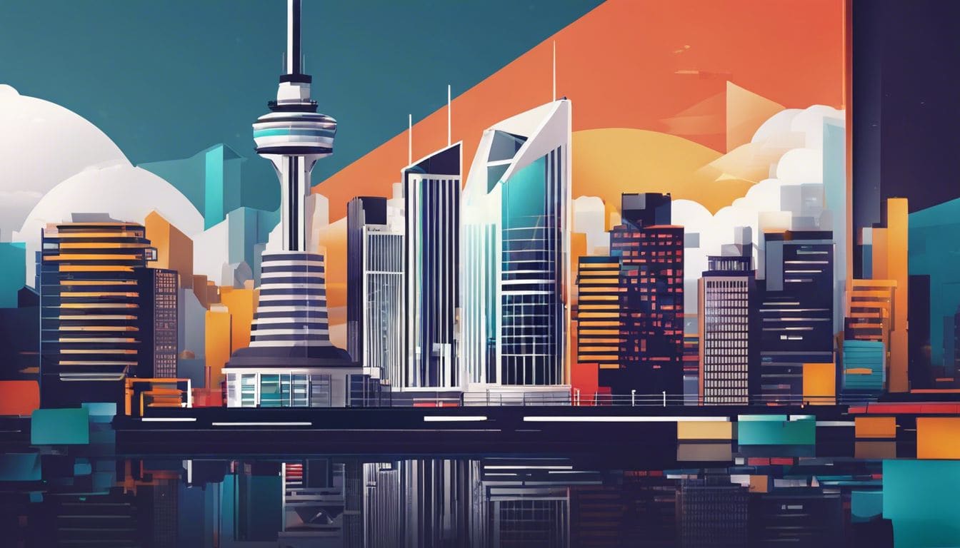 Een modern kantooromgeving met stadsgezicht en kortingsbanners voor het Lexa-logo.