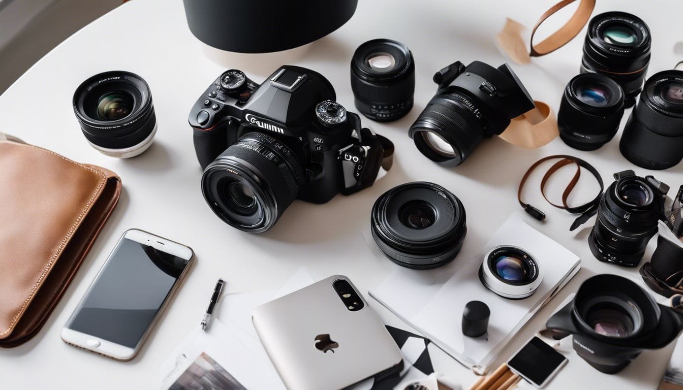 Een persoon zit aan een bureau omringd door fotografieapparatuur.