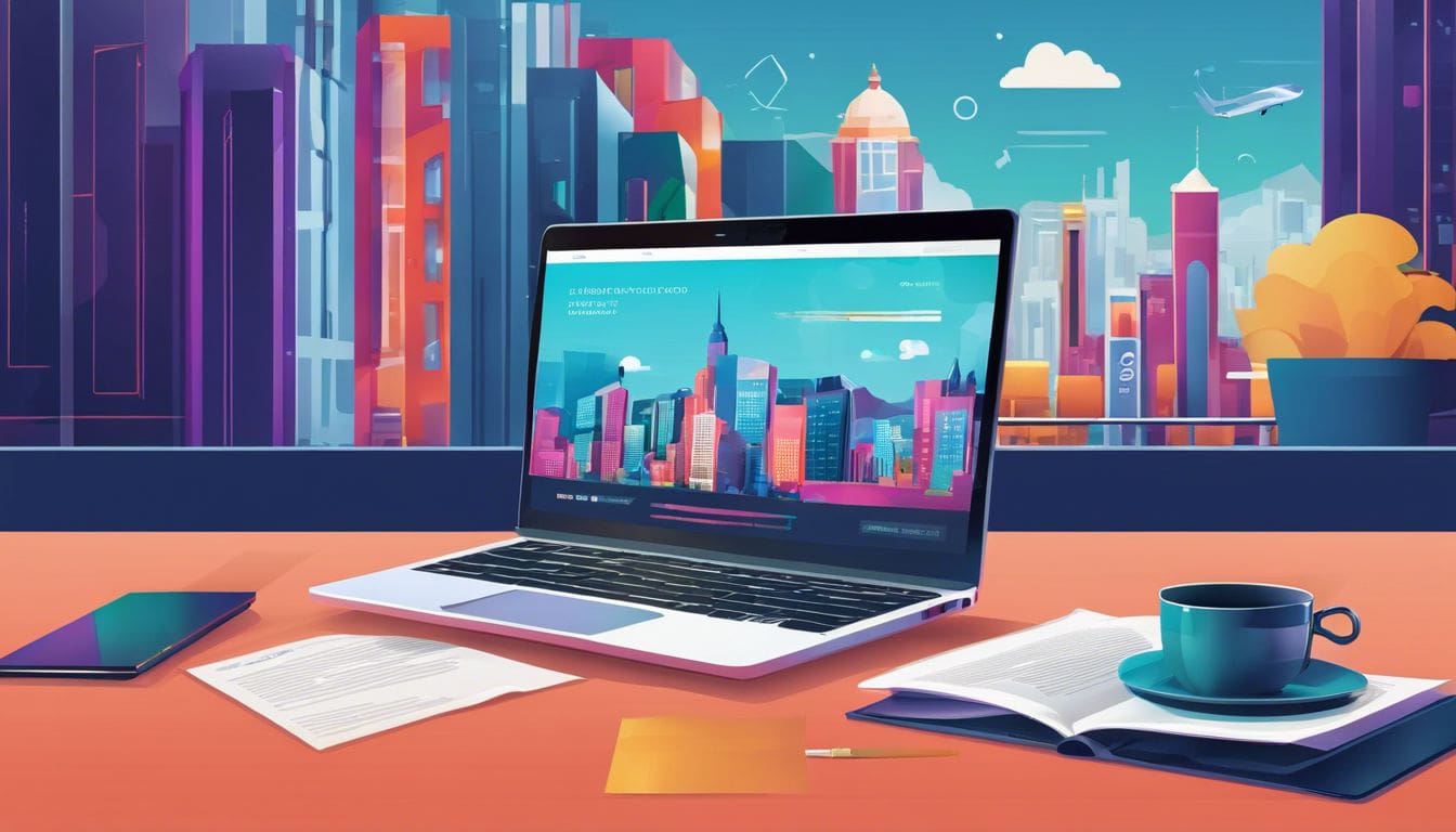 Een moderne laptop omringd door SEO- en marketingboeken, met een stadsgezicht op de achtergrond.