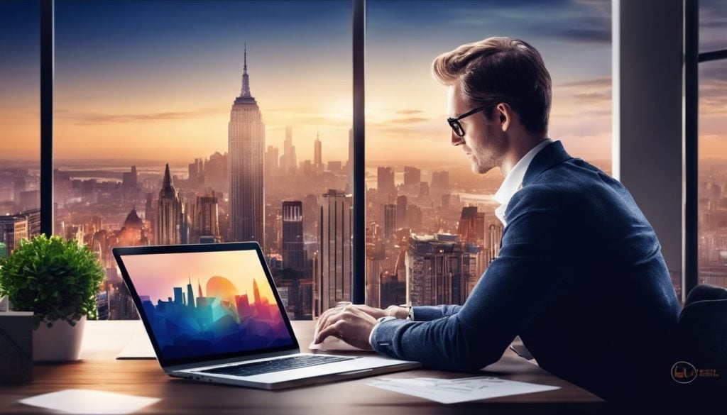 Een persoon met een Luxplus lidmaatschapskaart, kijkt naar een laptop met stadsgezicht.