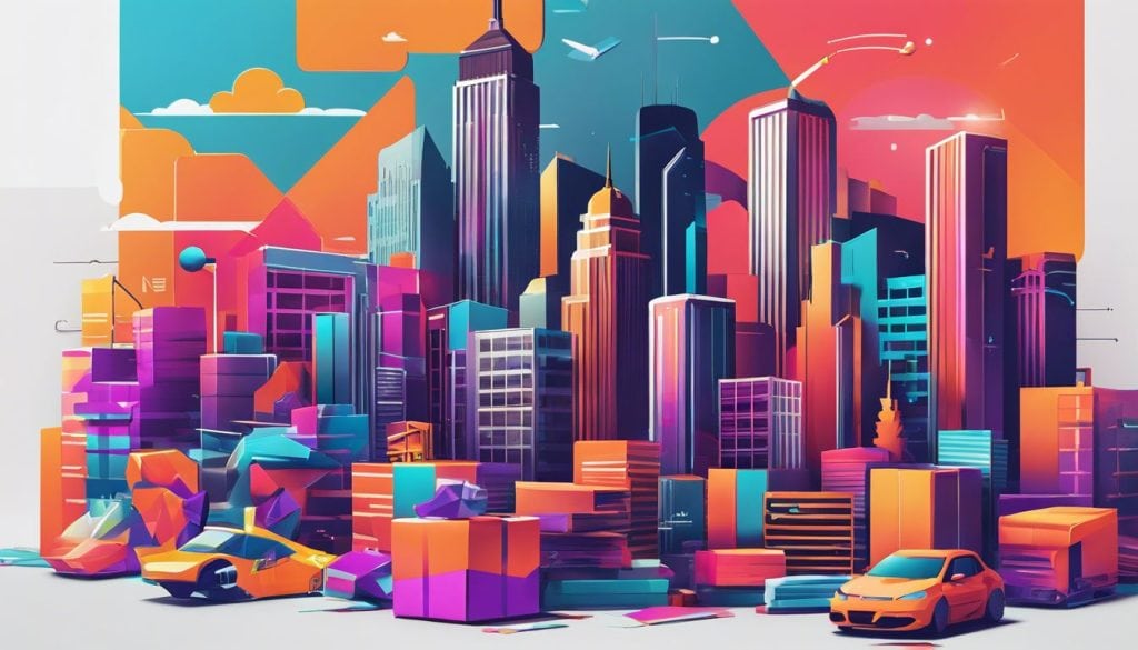 Een stapel marketingabonnement dozen op een moderne kantoorbureau met stadsfotografie weerspiegeld in het glanzende oppervlak.