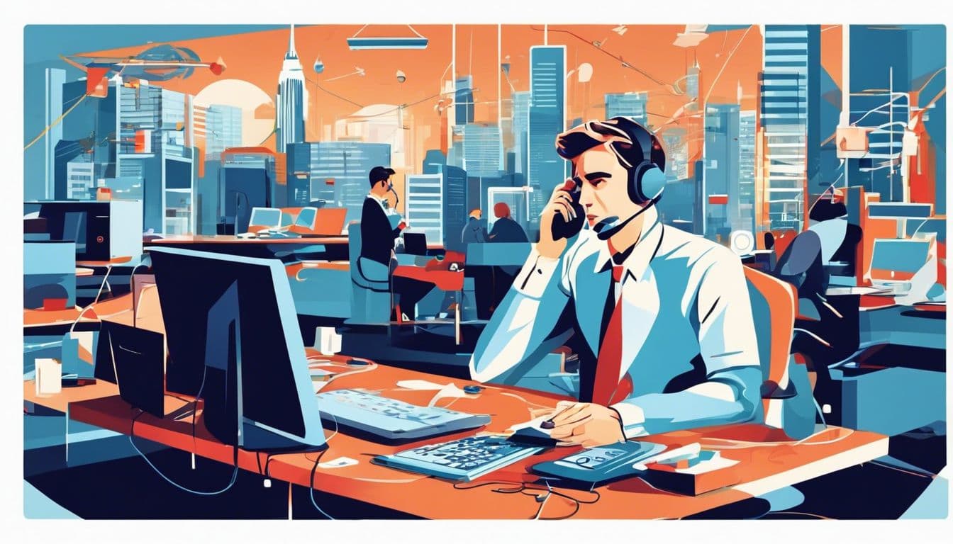 Een persoon praat gefrustreerd met een klantenservicemedewerker te midden van elektronische apparaten en een stadsgezicht.