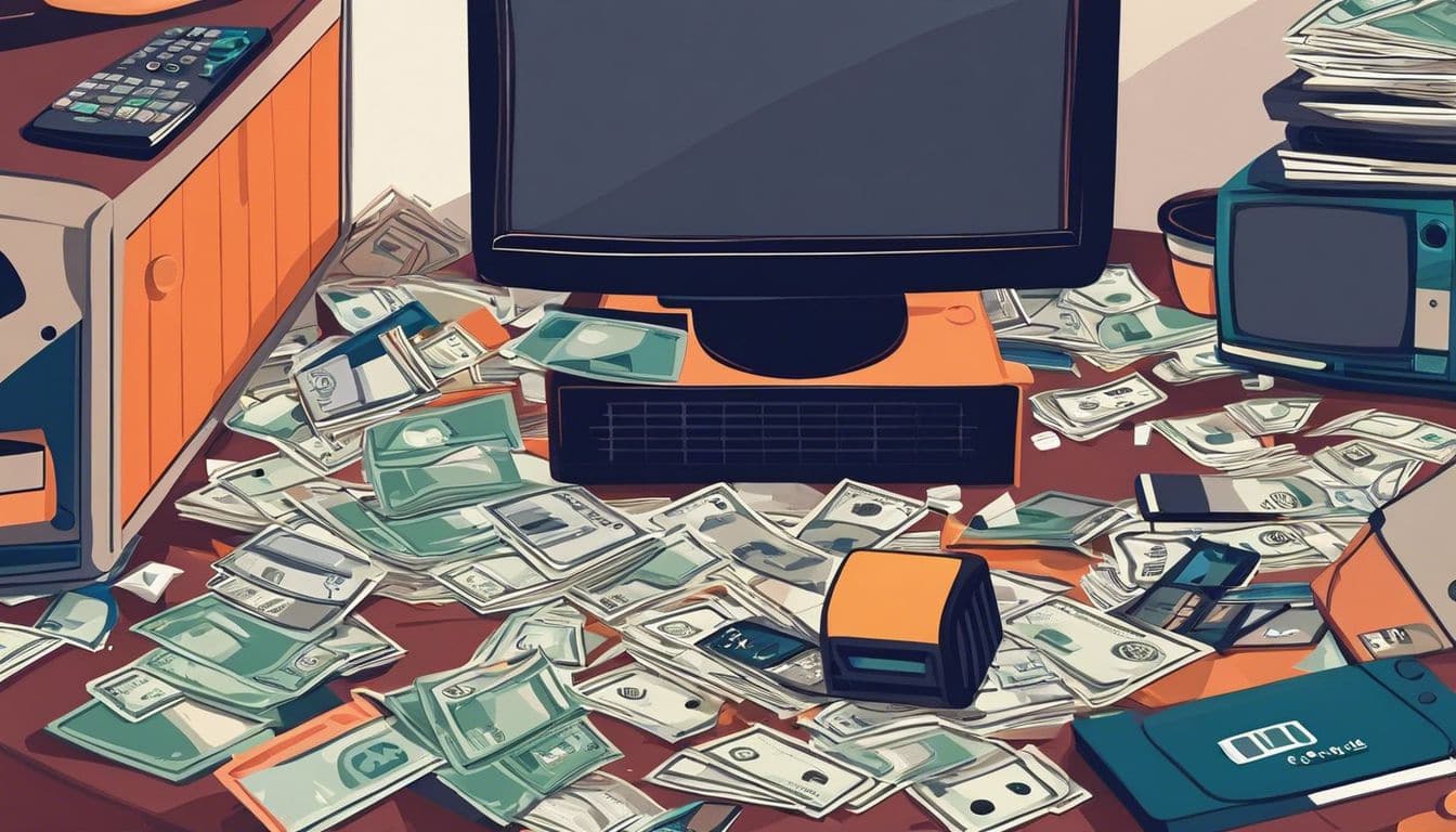 Een rommelige en ongeorganiseerde leefruimte met ongebruikte abonnementskaarten en een verlaten afstandsbediening.