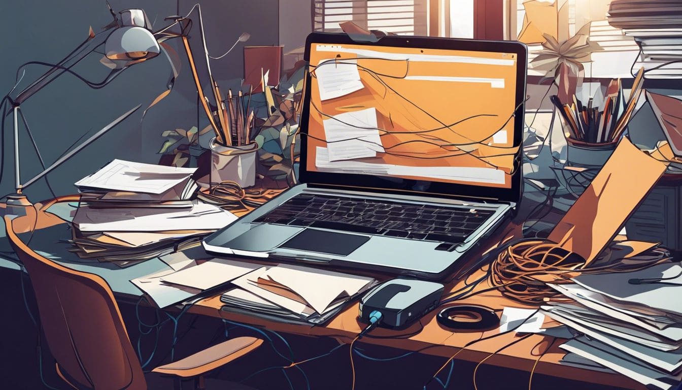 Een rommelig bureau met een verwarde kabel en laptop.