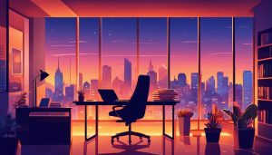 Een persoon werkt bij een bureau, omringd door papierwerk en een laptop, met uitzicht op een bruisende stad bij zonsondergang.