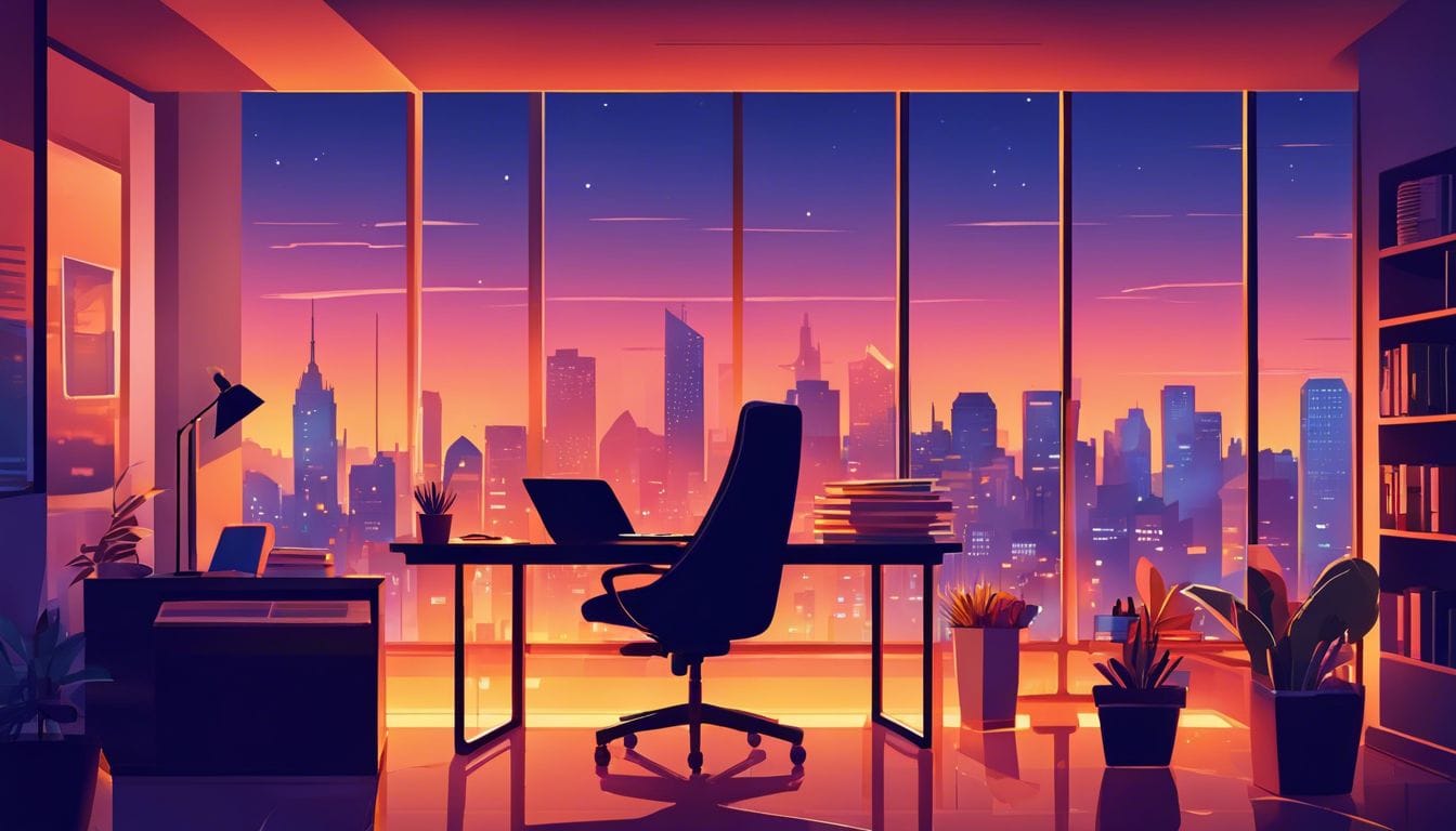 Een persoon werkt bij een bureau, omringd door papierwerk en een laptop, met uitzicht op een bruisende stad bij zonsondergang.