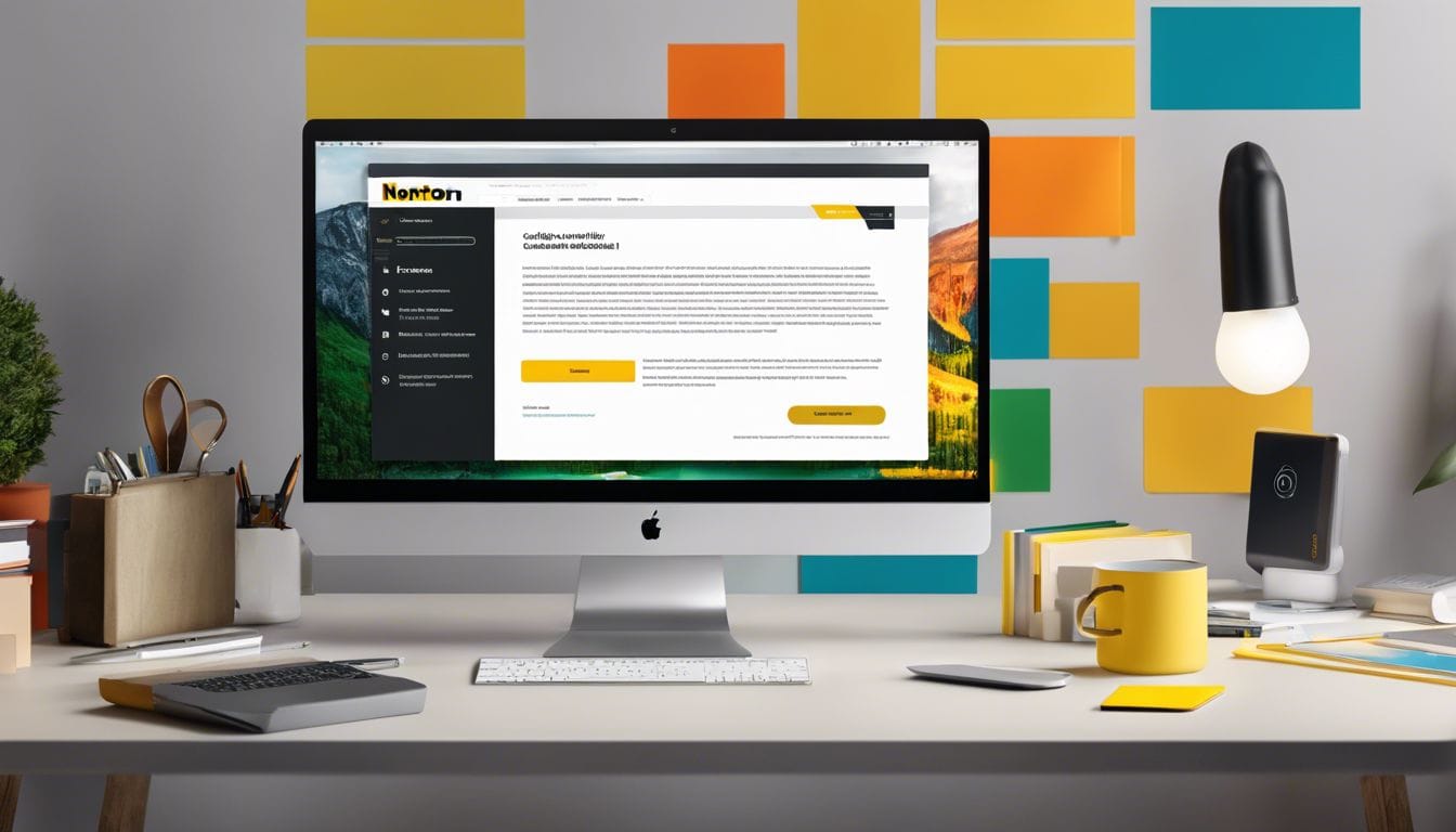 Een laptop met een Norton abonnementsannuleringspagina omringd door kantoorbenodigdheden.