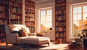 Een stapel boeken en een e-reader in een gezellige leeshoek met boekenplanken.