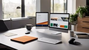 Een strak en modern kantoorbureaublader met Microsoft 365 producten.