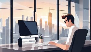 Een persoon gebruikt Microsoft Office op een laptop in een modern thuiskantoor.