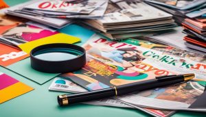 Een stapel Okki-magazines op een bureau met educatieve fotografieapparatuur.