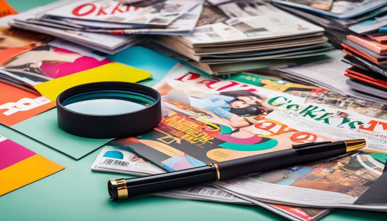 Een stapel Okki-magazines op een bureau met educatieve fotografieapparatuur.