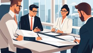 Een persoon tekent een contract met een ondersteunende adviseur in een modern kantoor.