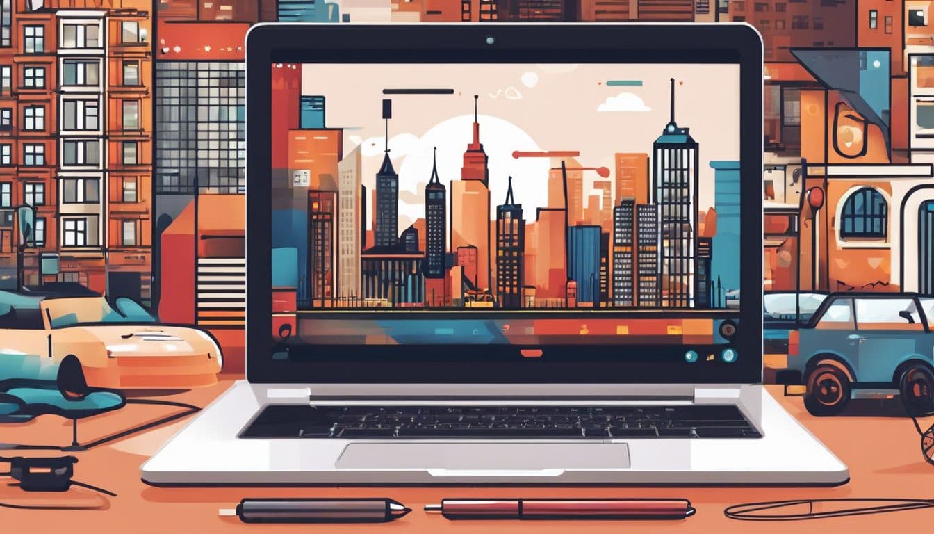 Een open laptop met een Naughty Dating-website, omringd door analytische tools en stadsfotografie, gericht op technologie en stadsleven.