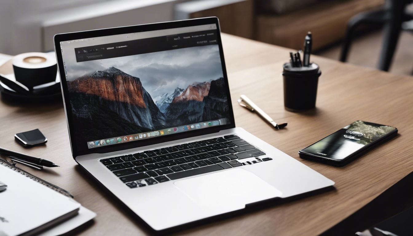 Een modern en georganiseerd kantoor met laptop en smartphone op het bureau.