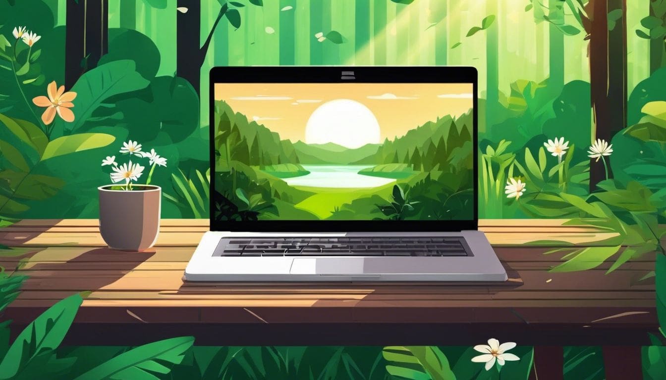 Een open laptop in een weelderig bos, omgeven door groene bladeren en bloeiende bloemen.