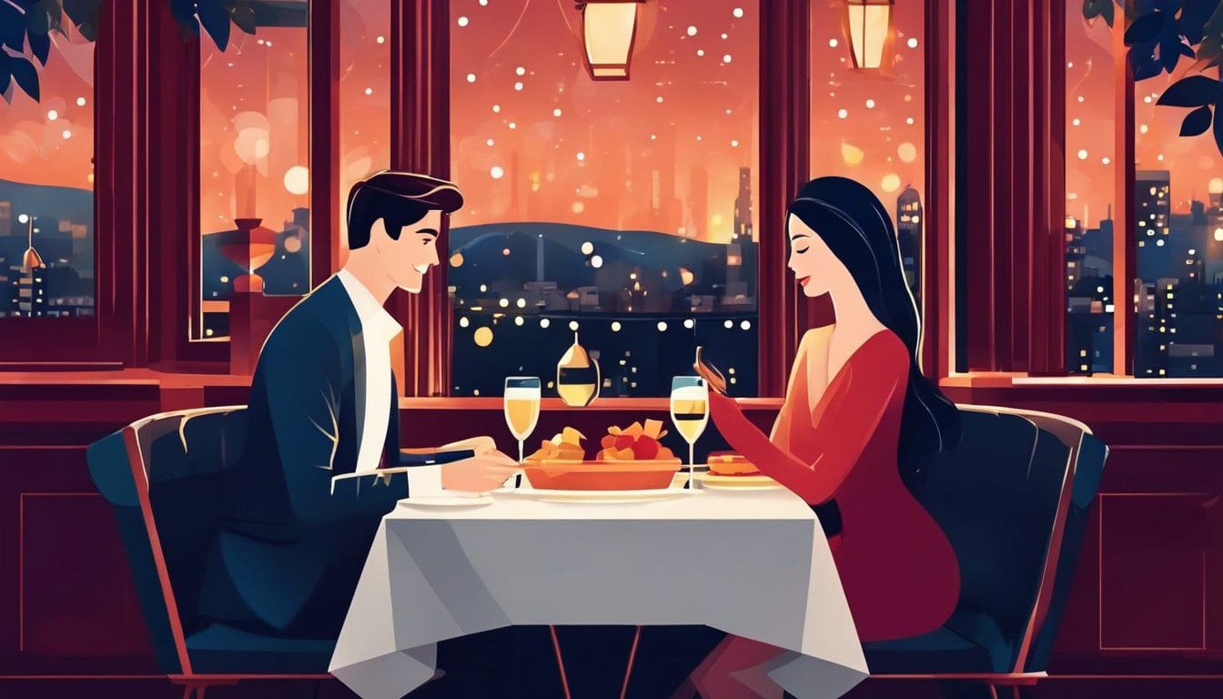 Een gelukkig paar geniet van een romantisch diner in een gezellig restaurant.